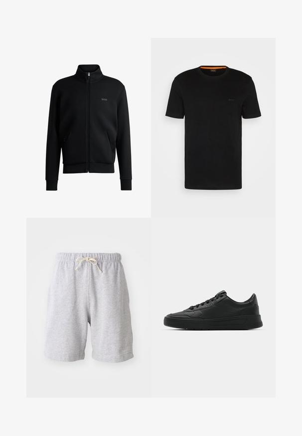 Black zip-up sweatshirt with high collar, ribbed cuffs, and side pockets. Features a subtle "BOSS" logo on the left chest. Smooth fabric.; Black short-sleeve t-shirt made of soft fabric, featuring a round neckline and a subtle logo on the front. Inside collar has orange accent.; Gray cotton shorts with an elastic waistband and drawstring. Mid-thigh length with side seams and soft texture. No pockets or visible patterns.; Black sneaker with smooth leather upper, round toe, flat laces, cushioned collar, and minimalistic design. Rubber sole with subtle tread pattern.
