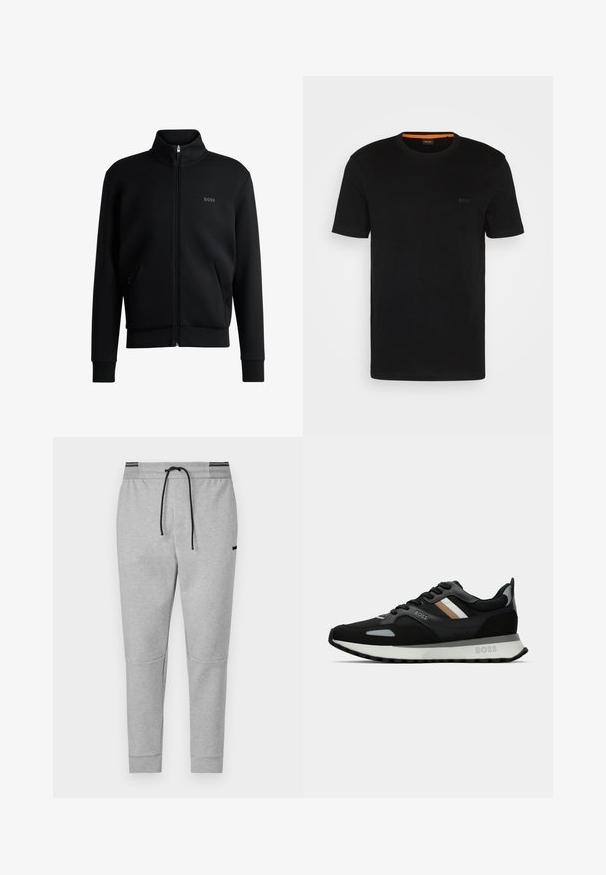 Črna zip-up pulover s visokim ovratnikom, rebrastimi manšetami in stranskimi žepi. Ima subtilno logo "BOSS" na levem prsnem delu. Gladka tkanina.; Črna kratkotrajna majica s kratkimi rokavi iz mehkega blaga, z okroglim izrezom in subtilnim logotipom na sprednji strani. V notranjem ovratniku je oranžni poudarek.; Sive hlače s elastičnim pasom, črnim vrvico in žepoma na zadrgo; vključujejo panele na kolenih in rebraste manšete.; Črne tekaške čevlje z teksturirano površino, svetlo sivi poudarki in tremi vodoravnimi črtami v rjavi barvi. Imajo belo oblazinjeno podplat.