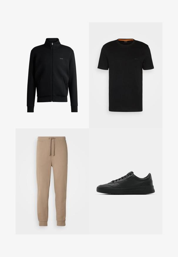 Črna zip-up pulover s visokim ovratnikom, rebrastimi manšetami in stranskimi žepi. Ima subtilno logo "BOSS" na levem prsnem delu. Gladka tkanina.; Črna kratkotrajna majica s kratkimi rokavi iz mehkega blaga, z okroglim izrezom in subtilnim logotipom na sprednji strani. V notranjem ovratniku je oranžni poudarek.; Beige bombažne trenirke z elastiko v pasu, z vrvico, stranskimi žepi in rebrastimi manšetami, ki imajo gladko teksturo in zožen kroj.; Črne superge z gladkim usnjenim zgornjim delom, okroglo konico, ravnimi vezalkami, oblazinjeno ovratnikom in minimalističnim dizajnom. Gumijast podplat z diskretnim profilom.
