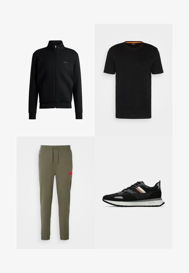 Schwarze Zip-up-Pulloverjacke mit hohem Kragen, gerippten Bündchen und Seitentaschen. Verfügt über ein dezentes "BOSS"-Logo auf der linken Brust. Glatter Stoff.; Schwarzes, kurzärmeliges T-Shirt aus weichem Stoff, mit rundem Ausschnitt und einem dezenten Logo auf der Vorderseite. Der Innensaum hat einen orangefarbenen Akzent.; HUGO DOAK - Jogginghose - dark beige; Schwarzer Laufschuh mit strukturiertem Obermaterial, hellgrauen Akzenten und drei horizontalen Streifen in Braun. Verfügt über eine weiße, gepolsterte Sohle.