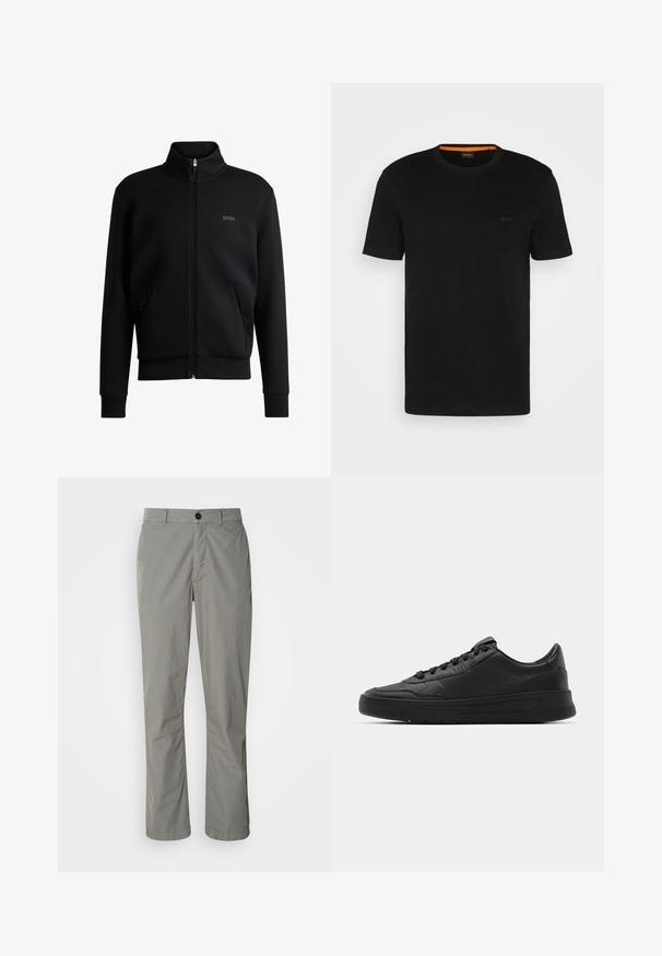 Sweat-shirt zippé noir avec col haut, poignets côtelés et poches latérales. Présente un logo 'BOSS' discret sur la poitrine gauche. Tissu lisse.; T-shirt noir à manches courtes fabriqué en tissu doux, avec un col rond et un logo discret à l'avant. Le col intérieur comporte un accent orange.; Pantalons gris clair en tissu léger. Ils ont une fermeture à bouton à l'avant, des poches fendues et une coupe droite.; Baskets noires avec tige en cuir lisse, bout rond, lacets plats, col rembourré et design minimaliste. Semelle en caoutchouc avec un motif de traction subtil.