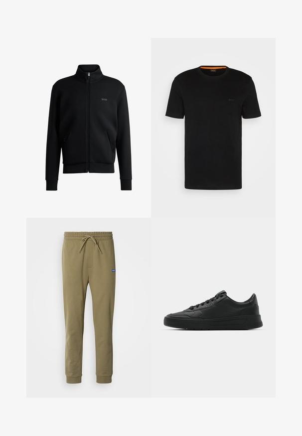 Schwarze Zip-up-Pulloverjacke mit hohem Kragen, gerippten Bündchen und Seitentaschen. Verfügt über ein dezentes "BOSS"-Logo auf der linken Brust. Glatter Stoff.; Schwarzes, kurzärmeliges T-Shirt aus weichem Stoff, mit rundem Ausschnitt und einem dezenten Logo auf der Vorderseite. Der Innensaum hat einen orangefarbenen Akzent.; Olivgrüne Jogginghose mit elastischem Bund und Kordelzug. Verfügt über Seitentaschen und gerippte Bündchen. Aus weichem, dehnbarem Material gefertigt.; Schwarze Sneaker mit glattem Lederobermaterial, runder Zehenpartie, flachen Schnürsenkeln, gepolstertem Kragen und minimalistischem Design. Gummisohle mit subtiler Profilierung.