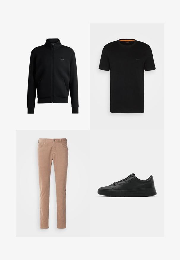 Crni zip-up dukserica s visokim ovratnikom, rebrastim manžetama i bočnim džepovima. Sadrži suptilan "BOSS" logo na lijevoj strani prsnog koša. Glatka tkanina.; Crna kratka majica s kratkim rukavima izrađena od mekog materijala, sa okruglim izrezom i suptilnim logotipom sprijeda. Unutrašnja bočna stranica kragne ima narančasti naglasak.; Svijetlosmeđi kord pantaloni s ravnim nogavicama, koji imaju dva prednja džepa, zatvaranje na dugme i mekanu rebrastu teksturu.; Crne tenisice s glatkom kožnom gornjištem, okruglim vrhom, ravnim vezicama, podstavljenim ovratnikom i minimalističkim dizajnom. Gumeni potplat s suptilnim uzorkom.
