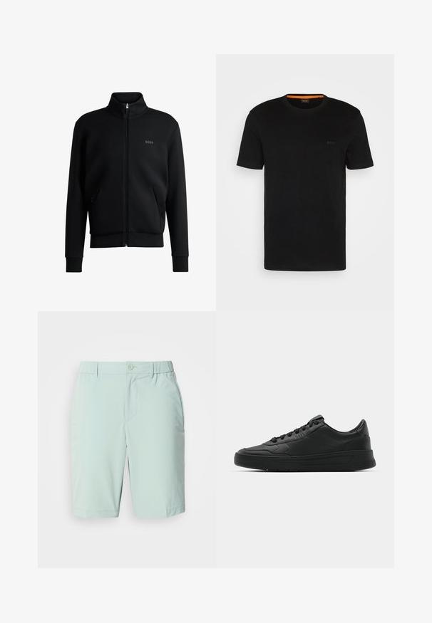 Zwarte zip-up sweatshirt met hoge kraag, geribbelde manchetten en zijzakken. Beschikt over een subtiele "BOSS" logo op de linkerborst. Glad stof.; Zwarte korte mouwen t-shirt gemaakt van zachte stof, met een ronde halslijn en een subtiel logo op de voorkant. Binnenkant van de kraag heeft een oranje accent.; Lichtblauwe shorts van gladde stof, met een knoopsluiting, voorzakken en een comfortabele tailleband zonder zichtbare patronen.; Zwarte sneaker met een glad leren bovenwerk, ronde neus, platte veters, gewatteerde kraag en minimalistisch design. Rubberen zool met een subtiel profiel.