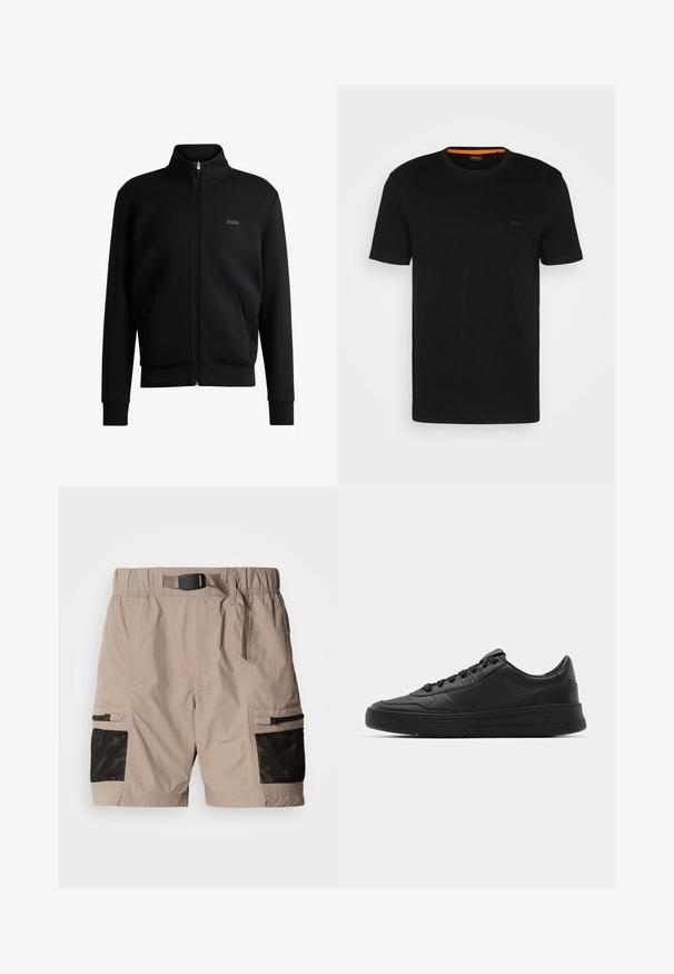 Svart glidelås sweatshirt med høy krage, ribbede mansjetter og sidelommer. Har en subtil "BOSS"-logo på venstre bryst. Glatt stoff.; Svart kortermet t-skjorte laget av myk stoff, med rund hals og en subtil logo foran. Inni kragen er det oransje detaljer.; Beige cargo shorts med teksturert stoff, med svarte meshpaneldetaljer, elastisk midjebånd og sidelommer med glidelåser.; Sorte sneakers med glatt skinnøvre, rund tå, flate lisser, polstret krage og minimalistisk design. Gummisåle med subtilt mønster.