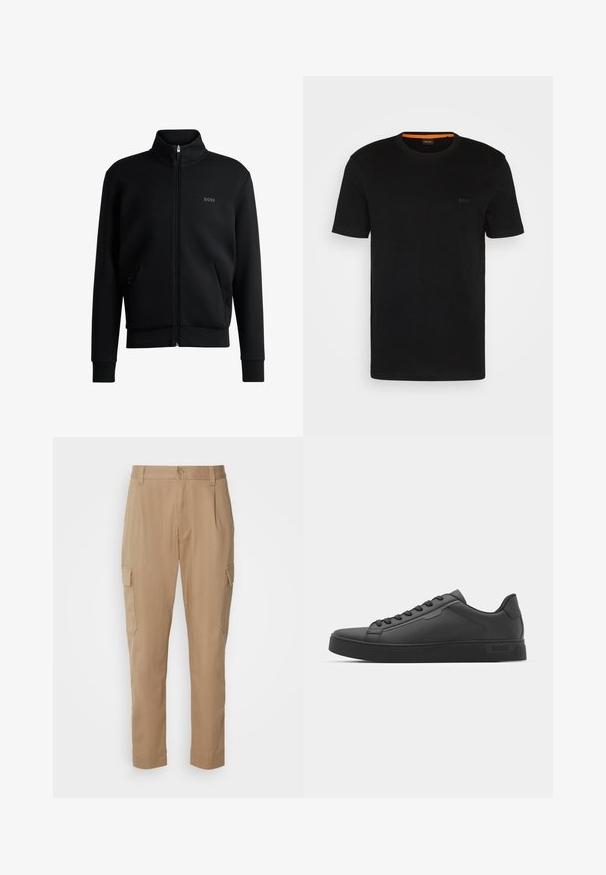 Black zip-up sweatshirt with high collar, ribbed cuffs, and side pockets. Features a subtle "BOSS" logo on the left chest. Smooth fabric.; Black short-sleeve t-shirt made of soft fabric, featuring a round neckline and a subtle logo on the front. Inside collar has orange accent.; Beige cargo pants with a straight cut, featuring side pockets and a zip fly, made from lightweight fabric with a smooth texture.; Black sneaker with smooth synthetic upper, round toe, flat laces, and a ribbed rubber sole. Minimalist design, featuring stitched accents.