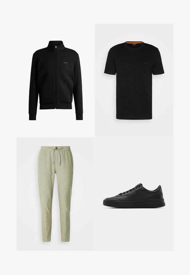 Black zip-up sweatshirt with high collar, ribbed cuffs, and side pockets. Features a subtle "BOSS" logo on the left chest. Smooth fabric.; Black short-sleeve t-shirt made of soft fabric, featuring a round neckline and a subtle logo on the front. Inside collar has orange accent.; Light green jogger pants in a textured fabric, featuring an elastic waistband with a drawstring and a front button detail.; Black sneaker with smooth leather upper, round toe, flat laces, cushioned collar, and minimalistic design. Rubber sole with subtle tread pattern.