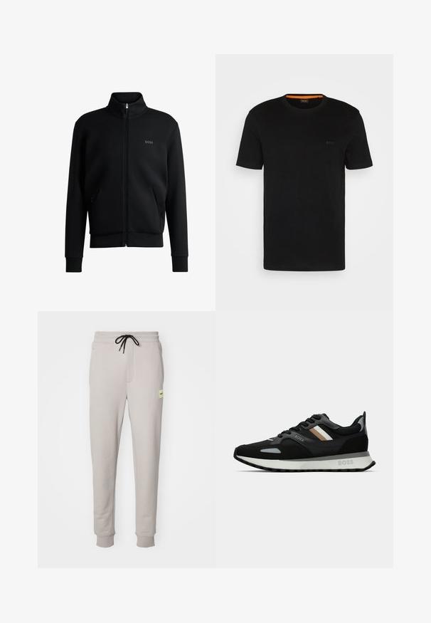 Černá mikina na zip s vysokým límcem, žebrovanými manžetami a bočními kapsami. Na levé straně hrudi je diskrétní logo "BOSS". Hladká tkanina.; Černé tričko s krátkým rukávem vyrobené z měkké tkaniny, s kulatým výstřihem a jemným logem na přední straně. Uvnitř límečku je oranžový detail.; Světle šedé tepláky vyrobené z měkké bavlněné směsi, s elastickým pasem a černou šňůrkou, bočními kapsami a manžetami na kotnících.; Černá běžecká obuv s texturovaným povrchem, světle šedými akcenty a třemi vodorovnými pruhy v hnědé. Obsahuje bílou polstrovanou podešev.