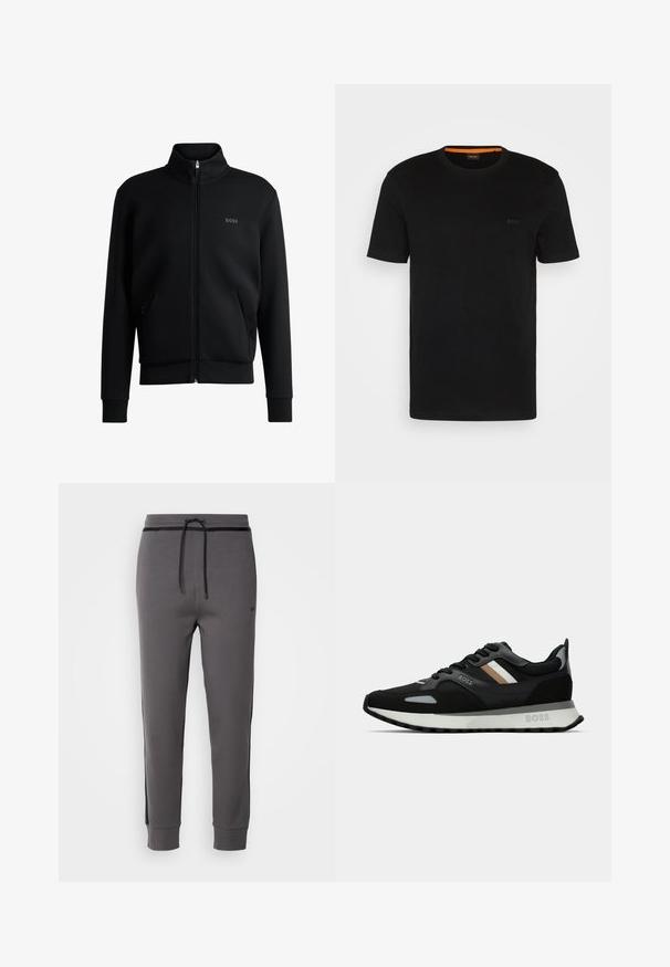 Schwarze Zip-up-Pulloverjacke mit hohem Kragen, gerippten Bündchen und Seitentaschen. Verfügt über ein dezentes "BOSS"-Logo auf der linken Brust. Glatter Stoff.; Schwarzes, kurzärmeliges T-Shirt aus weichem Stoff, mit rundem Ausschnitt und einem dezenten Logo auf der Vorderseite. Der Innensaum hat einen orangefarbenen Akzent.; Graue Jogginghose mit Kordelzugbund, seitlichen Streifen, elastischen Bündchen und glatter Textur, die ein minimalistisches Design aufweist und keine sichtbaren Taschen hat.; Schwarzer Laufschuh mit strukturiertem Obermaterial, hellgrauen Akzenten und drei horizontalen Streifen in Braun. Verfügt über eine weiße, gepolsterte Sohle.