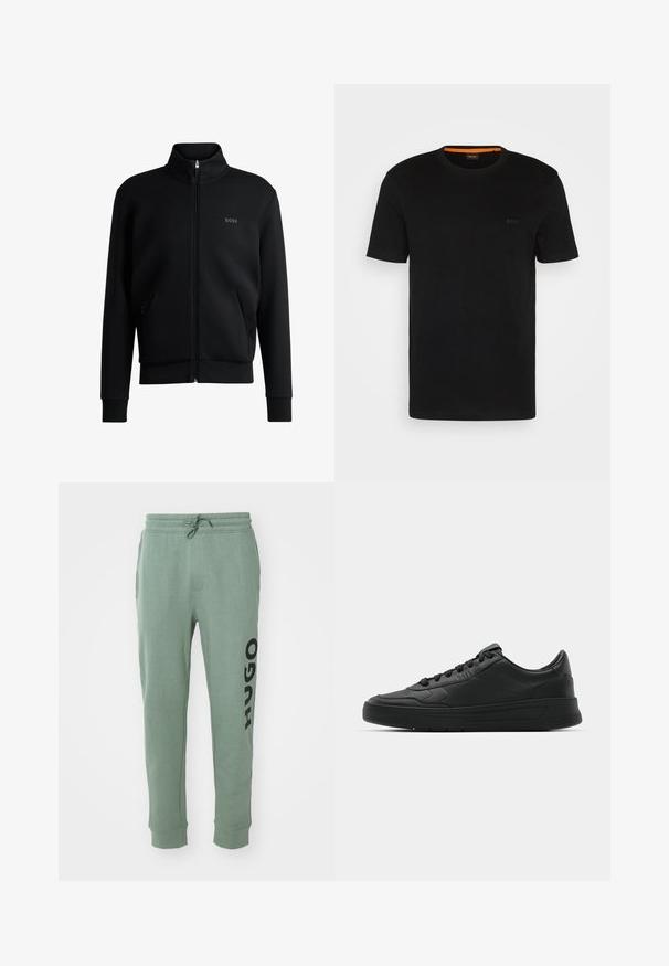 Black zip-up sweatshirt with high collar, ribbed cuffs, and side pockets. Features a subtle "BOSS" logo on the left chest. Smooth fabric.; Black short-sleeve t-shirt made of soft fabric, featuring a round neckline and a subtle logo on the front. Inside collar has orange accent.; Green sweatpants made of soft fabric, featuring a drawstring waist and side pockets. "HUGO" printed in bold black on the left leg.; Black sneaker with smooth leather upper, round toe, flat laces, cushioned collar, and minimalistic design. Rubber sole with subtle tread pattern.