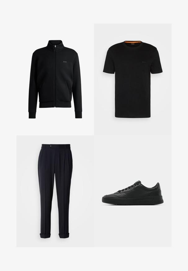 Melns zip-up džemperis ar augstu apkakli, ribotām aprocēm un sānu kabatām. Uz kreisā krūša ir smalks "BOSS" logo. Gluda auduma.; Melnā T-kreklu ar īsām piedurknēm, kas izgatavots no mīksta auduma, ar apaļu kakla izgriezumu un diskrētu logotipu priekšpusē. Iekšējā apkakle ar oranžu akcentu.; Jūras spēku šūtas bikses ar priekšējām krokām, pogu aizdari un ruļļu apmalēm. Izgatavotas no gludas auduma ar strukturētu piegriezumu.; Melnās kedas ar gludu ādas augšpusi, apaļu purngalu, plakaniem šņorēm, mīkstinātu apkakli un minimālistisku dizainu. Gumijas zole ar smalku rakstu.
