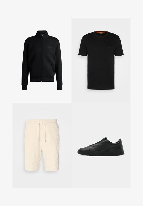 Zwarte zip-up sweatshirt met hoge kraag, geribbelde manchetten en zijzakken. Beschikt over een subtiele "BOSS" logo op de linkerborst. Glad stof.; Zwarte korte mouwen t-shirt gemaakt van zachte stof, met een ronde halslijn en een subtiel logo op de voorkant. Binnenkant van de kraag heeft een oranje accent.; Crème kleurige shorts van textuurstof met een trekkoord in de taille en zijzakken, met een ontwerp dat tot halverwege de dij komt.; Zwarte sneaker met een glad leren bovenwerk, ronde neus, platte veters, gewatteerde kraag en minimalistisch design. Rubberen zool met een subtiel profiel.