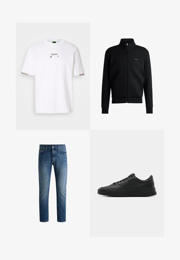 Sort zip-up sweatshirt med høj krave, ribbede manchetter og sidelommer. Har et subtilt "BOSS" logo på venstre bryst. Glat stof.; Hvid bomulds T-shirt med rund hals, der har ordet "BOSS" i metallisk tryk. Sorte og gyldne striber på ærmeslutterne.; Mørkeblå denimjeans med lige pasform, fem lomme-design, let falmning på lårene og en enkelt knaplukning i taljen.; Sort sneakers med glat læderoverdel, rund tå, flade snørebånd, polstret krave og minimalistisk design. Gummisål med subtilt mønster.