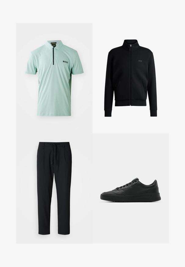 Hanorac negru cu fermoar, cu guler înalt, manșete cu striație și buzunare laterale. Prezintă un logo discret "BOSS" pe pieptul stâng. Material neted.; Camică polo verde mentă deschisă, cu guler, mâneci scurte, fermoar frontal negru și un model texturat subtil. Prezintă logo-ul "BOSS" în negru.; Pantaloni negri conici cu talie elastică și șnur, pliuri frontale și buzunare laterale pe un fundal alb.; Nike sport cu partea superioară din piele netedă, vârf rotund, sireturi plate, guler căptușit și design minimalist. Talpă din cauciuc cu un model discret de profil.