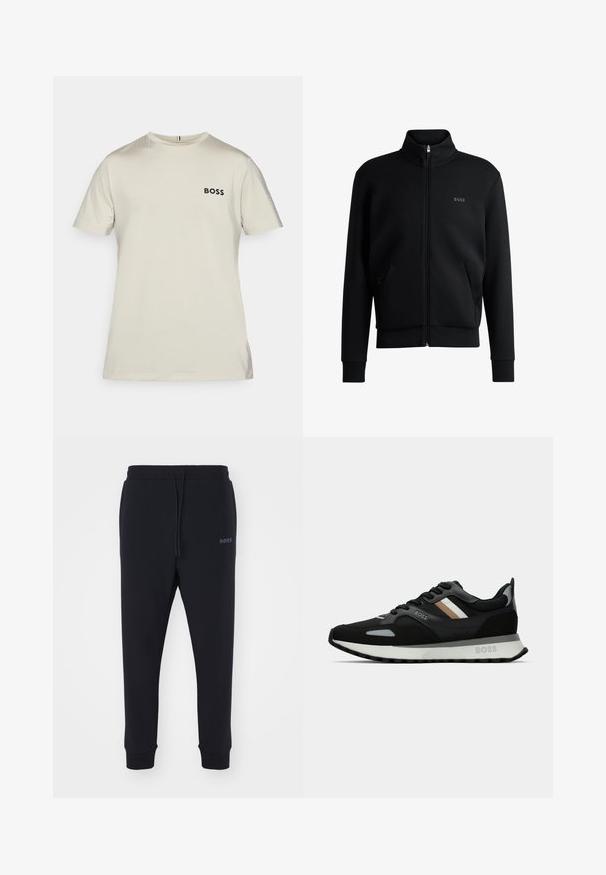 Černá mikina na zip s vysokým límcem, žebrovanými manžetami a bočními kapsami. Na levé straně hrudi je diskrétní logo "BOSS". Hladká tkanina.; Světle béžové tričko s krátkým rukávem vyrobené z hladké tkaniny, s černým logem "BOSS" na hrudi a jemnými texturovanými detaily.; Černé tepláky vyrobené z měkkého materiálu s elastickým pasem, šňůrkou na stažení a zúženými nohavicemi. Obsahují malé logo na boku.; Černá běžecká obuv s texturovaným povrchem, světle šedými akcenty a třemi vodorovnými pruhy v hnědé. Obsahuje bílou polstrovanou podešev.