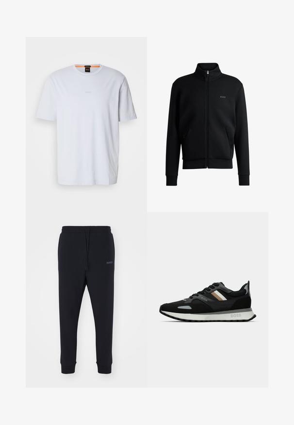 Sweatshirt preto com fecho e colar alto, punhos canelados e bolsos laterais. Apresenta um discreto logótipo "BOSS" no lado esquerdo do peito. Tecido suave.; T-shirt de algodão branco com gola redonda, apresentando um discreto logótipo "BOSS" em relevo no peito e mangas curtas. Textura suave, ajuste casual.; Calças de fato pretas feitas de material macio, com uma cintura elástica, cordão e pernas ajustadas. Apresenta um pequeno logotipo de lado.; Shoe de corrida preto com uma superfície texturizada, detalhes cinza claro e três riscas horizontais em castanho. Apresenta uma sola branca acolchoada.
