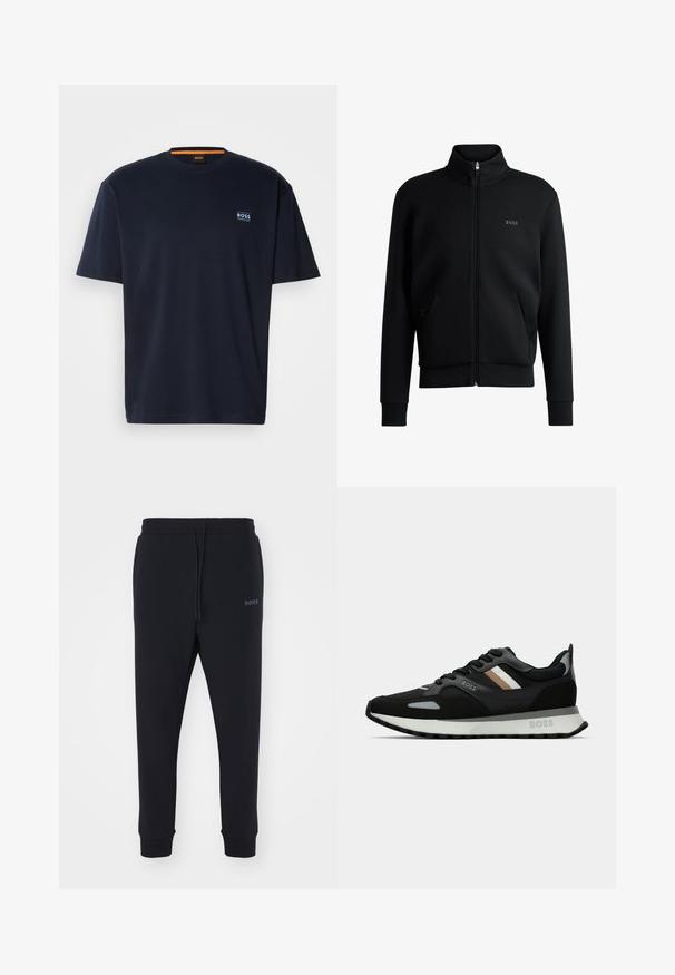 Sweatshirt preto com fecho e colar alto, punhos canelados e bolsos laterais. Apresenta um discreto logótipo "BOSS" no lado esquerdo do peito. Tecido suave.; T-shirt de algodão azul-marinho com decote redondo. Apresenta um pequeno logotipo no peito e um destaque laranja em contraste no decote. Mangas curtas.; Calças de fato pretas feitas de material macio, com uma cintura elástica, cordão e pernas ajustadas. Apresenta um pequeno logotipo de lado.; Shoe de corrida preto com uma superfície texturizada, detalhes cinza claro e três riscas horizontais em castanho. Apresenta uma sola branca acolchoada.