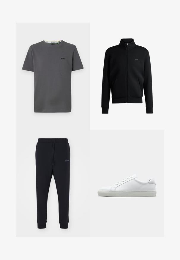 Svart zip-up sweatshirt med hög krage, ribbade manschetter och sidofickor. Har en diskret "BOSS"-logotyp på vänster bröst. Slätt tyg.; Grå kortärmad t-shirt i bomull, med rundad hals och en logodetalj på vänster bröst samt en kontrasterande etikett i innerhalsen.; Svarta sweatpants i mjukt material med elastisk midja, dragsko och smalnande ben. Har en liten logotyp på sidan.; Vit sneaker med en slät läderövre och låg profil. Har en rundad tå, sex snörhål och en strukturerad gummisula.