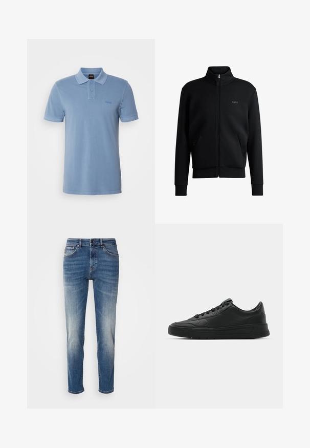 Fekete zipzáras kapucnis pulóver magas gallérral, bordázott mandzsettákkal és oldalsó zsebekkel. Diszkrét "BOSS" logó található a bal melbimen. Simább anyag.; BOSS PRIME - Pólóing - open blue; Kék farmernadrág egyenes szárú kialakítással, enyhe kopással, klasszikus öt zsebes stílussal és cipzáros, gombos záródással.; Fekete sneaker sima bőr felsőrésszel, kerek orral, lapos fűzőkkel, párnázott nyakkal és minimalista dizájnnal. Gumi talp finom profillal.