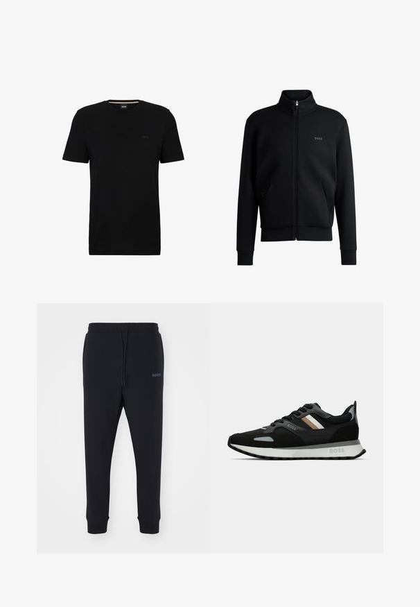 Sudadera negra con cremallera y cuello alto, puños acanalados y bolsillos laterales. Presenta un discreto logo "BOSS" en el lado izquierdo del pecho. Tejido suave.; Camiseta de algodón negra con cuello redondo, mangas cortas y un logo tonal de BOSS en el lado izquierdo del pecho. Textura suave, diseño sencillo, ajuste estándar.; Pantalones de chándal negros fabricados en material suave, con cintura elástica, cordón ajustable y piernas ajustadas. Presenta un pequeño logo en el lateral.; Zapatilla de running negra con superficie texturizada, acentos en gris claro y tres rayas horizontales en marrón. Presenta una suela blanca acolchada.