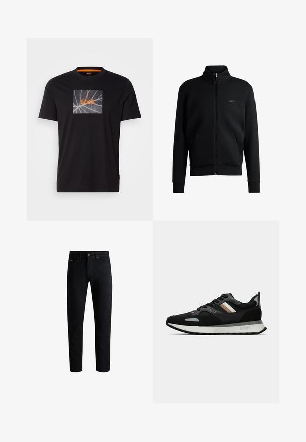 Sort zip-up sweatshirt med høj krave, ribbede manchetter og sidelommer. Har et subtilt "BOSS" logo på venstre bryst. Glat stof.; Sort bomulds t-shirt med et firkantet grafisk motiv af et bladdesign og teksten "BOSS" i orange. Rund hals, korte ærmer, enkel skæring.; Sorte slim-fit jeans med fem lommer, knaplukning og bæltestropper, præsenteret mod en hvid baggrund.; Sort løbesko med en tekstureret overflade, lysegrå accenter og tre vandrette striber i brun. Har en hvid polstret sål.