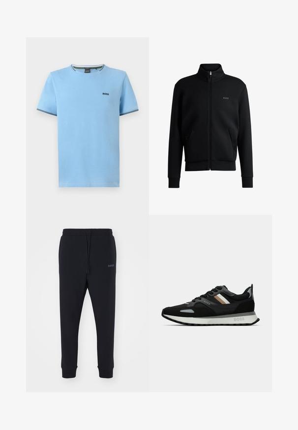 Hanorac negru cu fermoar, cu guler înalt, manșete cu striație și buzunare laterale. Prezintă un logo discret "BOSS" pe pieptul stâng. Material neted.; Tricou cu mâneci scurte de culoare albastru deschis, realizat din bumbac. Are un guler rotund cu margine dungi contrastante și un mic logo brodat "BOSS".; Pantaloni sport negri dintr-un material moale, cu talie elastică, șnur de ajustare și picioare conice. Prezintă un mic logo pe lateral.; Adidași de alergare negri cu o suprafață texturată, accente gri aprins și trei dungi orizontale maro. Dispun de o talpă albă pufoasă.