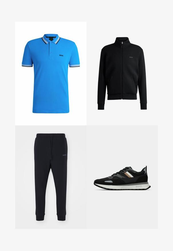 Sweatshirt preto com fecho e colar alto, punhos canelados e bolsos laterais. Apresenta um discreto logótipo "BOSS" no lado esquerdo do peito. Tecido suave.; BOSS PADDY - Polo - open blue one; Calças de fato pretas feitas de material macio, com uma cintura elástica, cordão e pernas ajustadas. Apresenta um pequeno logotipo de lado.; Shoe de corrida preto com uma superfície texturizada, detalhes cinza claro e três riscas horizontais em castanho. Apresenta uma sola branca acolchoada.