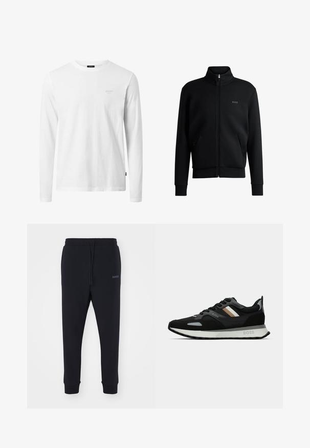 Fekete zipzáras kapucnis pulóver magas gallérral, bordázott mandzsettákkal és oldalsó zsebekkel. Diszkrét "BOSS" logó található a bal melbimen. Simább anyag.; Fehér, hosszú ujjú pamut póló, kerek nyakkal, puha tapintással és diszkrét logóval a mellrészen. Egyszerű, klasszikus dizájn.; Fekete melegítőnadrág, puha anyagból, elasztikus derékkal, zsinórral és szűkülő lábakkal. Oldalt egy kis logó található.; Fekete futócipő, texturált felülettel, világosszürke díszítésekkel és három északi csíkkal barnában. Fehér párnázott talpával rendelkezik.