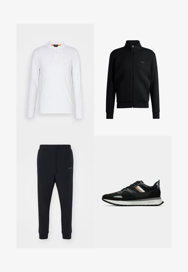 Fekete zipzáras kapucnis pulóver magas gallérral, bordázott mandzsettákkal és oldalsó zsebekkel. Diszkrét "BOSS" logó található a bal melbimen. Simább anyag.; Fehér, hosszú ujjú pólóing, pamutból készült, hegyes gallérral, két gombos záródással és kis logóval a mellkason. Narancssárga részlet a gallér belsejében.; Fekete melegítőnadrág, puha anyagból, elasztikus derékkal, zsinórral és szűkülő lábakkal. Oldalt egy kis logó található.; Fekete futócipő, texturált felülettel, világosszürke díszítésekkel és három északi csíkkal barnában. Fehér párnázott talpával rendelkezik.