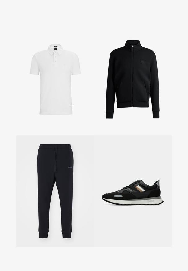Čierna mikina na zips s vysokým golierom, elastickými manžetami a bočnými vreckami. Obsahuje jemné logo "BOSS" na ľavej hrudi. Hladká tkanina.; Biele polo tričko vyrobené z bavlny, s golierom, tromi gombíkmi, krátkymi rukávmi a diskrétnym logom značky.; Čierne tepláky vyrobené z mäkkého materiálu s elastickým pásom, šnúrkou na stiahnutie a zúženými nohavicami. Obsahujú malé logo na boku.; Čierna bežecká obuv s textúrovaným povrchom, svetlošedými akcentmi a tromi horizontálnymi pruhmi v hnedej farbe. Obsahuje bielu polstrovanú podrážku.