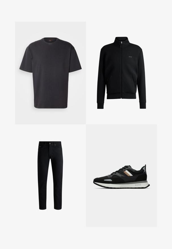 Svart zip-up sweatshirt med hög krage, ribbade manschetter och sidofickor. Har en diskret "BOSS"-logotyp på vänster bröst. Slätt tyg.; Svart kortärmad T-shirt i bomull med rund halsringning och diskret logotyp vid halsen. Slät textur med avslappnad passform.; Svarta slim-fit jeans med fem fickor, knäppning med knapp och bälteshällor, visade mot en vit bakgrund.; Svart löparsko med en texturerad yta, ljusgrå detaljer och tre horisontella ränder i brunt. Har en vit stoppad sula.