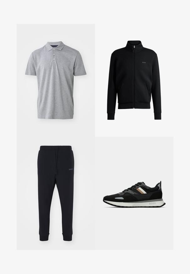 Juodas zip-up megztinis su aukštu apykakle, raukiniais ant rankovių ir šoninėmis kišenėmis. Kairėje krūtinės pusėje yra subtilus "BOSS" logotipas. Lygus audinys.; Šviesiai pilka polo marškinėlių su medvilnės priemaiša. Turintys klasikį apykaklę, trijų mygtukų užsegimą ir trumpas rankoves su tekstūruotu paviršiumi.; Juodos sportinės kelnės, pagamintos iš minkštos medžiagos, su elastinga juosta, raišteliu ir aptemptomis kojomis. Šone yra mažas logotipas.; Juodas bėgimo batelis su struktūrizuota paviršiumi, šviesiai pilkomis akcentais ir trimis horizontaliosiomis rudo atspalvio juostomis. Savyje turi baltą paminkštintą padu.