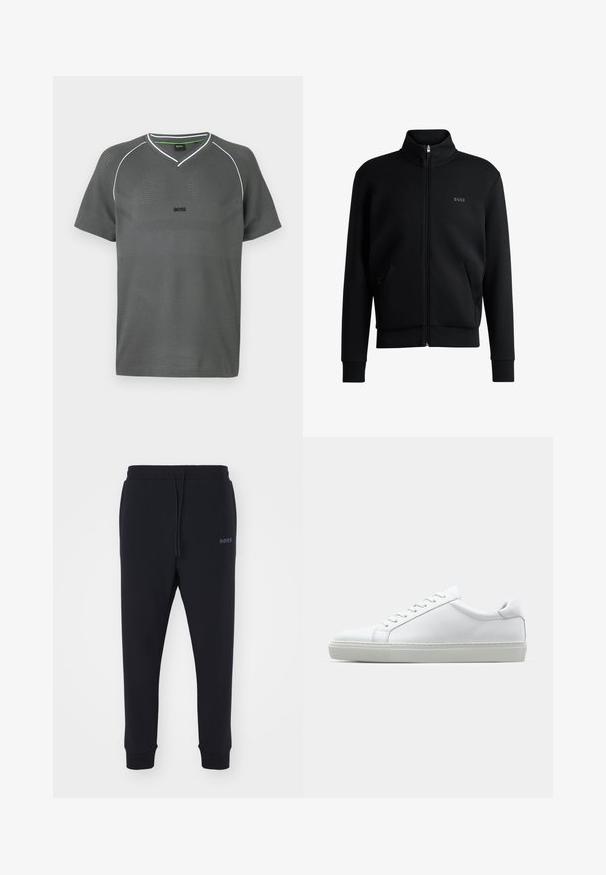 Črna zip-up pulover s visokim ovratnikom, rebrastimi manšetami in stranskimi žepi. Ima subtilno logo "BOSS" na levem prsnem delu. Gladka tkanina.; Siva kratka majica s kratkimi rokavi z V-izrezom, teksturirana tkanina in kontrastni beli poudarki. Ima logotip na prsih in dihajočo zasnovo.; Črne trenirke iz mehkega materiala z elastičnim pasom, vrvico in zoženimi nogami. Imajo majhen logotip na strani.; Bela športna obutev z gladkim usnjenim zgornjim delom in nizkim profilom. Ima zaokrožen nos, šest lukenj za vezalke in teksturiran gumijast podplat.