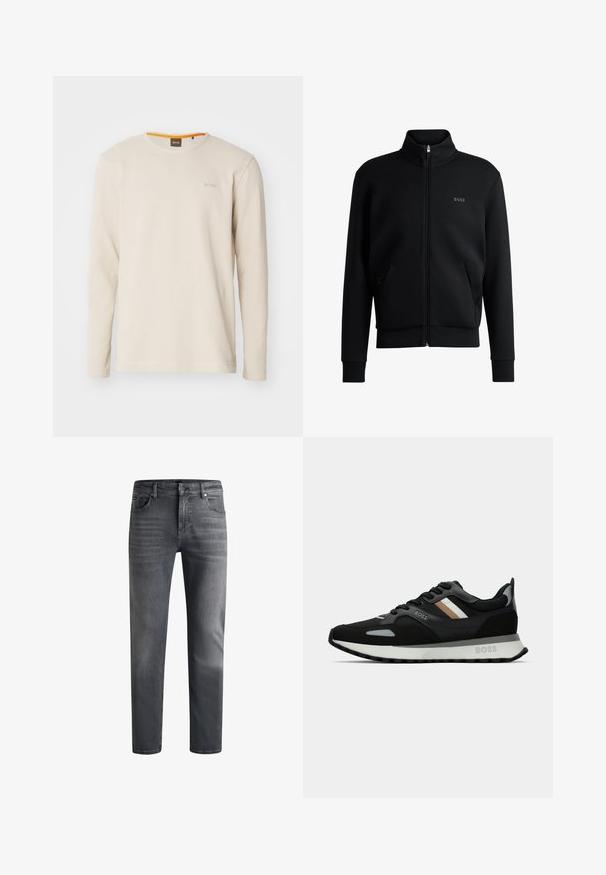 Fekete zipzáras kapucnis pulóver magas gallérral, bordázott mandzsettákkal és oldalsó zsebekkel. Diszkrét "BOSS" logó található a bal melbimen. Simább anyag.; Világos bézs színű, hosszú ujjú póló, amely texturált anyagból készült. Kerek nyakkivágással rendelkezik, és a mellrészen egy kis logó található, narancssárga részlettel a collen.; Sötétszürke farmernadrág egyenes szabással. Öt zsebbel, cipzáras sliccel és enyhén kopott hatású világosabb foltokkal az combokon, finom textúrát kölcsönözve.; Fekete futócipő, texturált felülettel, világosszürke díszítésekkel és három északi csíkkal barnában. Fehér párnázott talpával rendelkezik.
