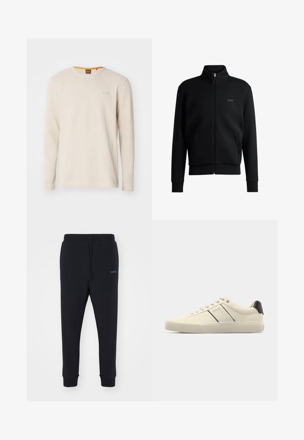 Hanorac negru cu fermoar, cu guler înalt, manșete cu striație și buzunare laterale. Prezintă un logo discret "BOSS" pe pieptul stâng. Material neted.; Tricou cu mâneci lungi, de culoare bej deschis, realizat dintr-un material texturat. Prezintă un gât rotund și un mic logo pe piept, cu un accent portocaliu în interiorul gulerului.; Pantaloni sport negri dintr-un material moale, cu talie elastică, șnur de ajustare și picioare conice. Prezintă un mic logo pe lateral.; Adidași de culoare crem cu o textură netedă, având accente și branding negre. Design clasic cu șireturi, cu vârful rotund și talpă de cauciuc.