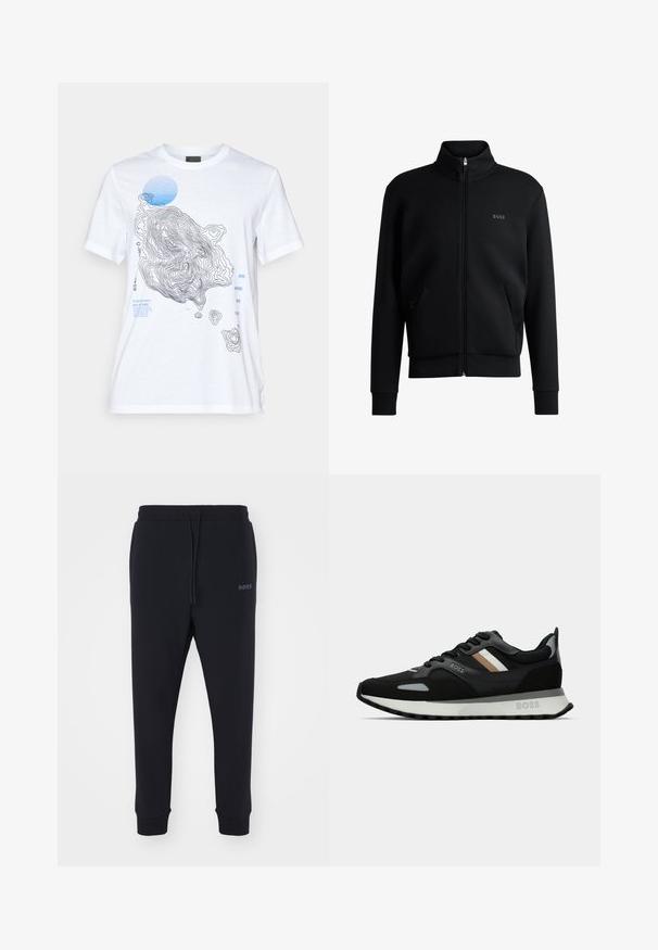 Juodas zip-up megztinis su aukštu apykakle, raukiniais ant rankovių ir šoninėmis kišenėmis. Kairėje krūtinės pusėje yra subtilus "BOSS" logotipas. Lygus audinys.; Balta medvilninė marškinėliai su juodos ir mėlynos spalvos topografinio žemėlapio dizainu, tekstiniais elementais ir apvaliu mėlynu akcentu. Trumpomis rankovėmis.; Juodos sportinės kelnės, pagamintos iš minkštos medžiagos, su elastinga juosta, raišteliu ir aptemptomis kojomis. Šone yra mažas logotipas.; Juodas bėgimo batelis su struktūrizuota paviršiumi, šviesiai pilkomis akcentais ir trimis horizontaliosiomis rudo atspalvio juostomis. Savyje turi baltą paminkštintą padu.