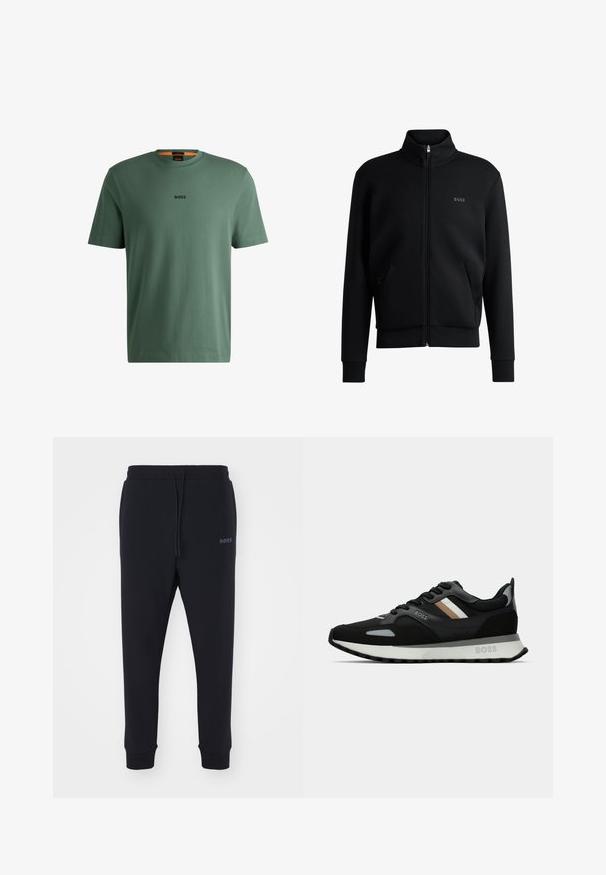 Svart zip-up sweatshirt med hög krage, ribbade manschetter och sidofickor. Har en diskret "BOSS"-logotyp på vänster bröst. Slätt tyg.; BOSS T-shirt - bas - open green; Svarta sweatpants i mjukt material med elastisk midja, dragsko och smalnande ben. Har en liten logotyp på sidan.; Svart löparsko med en texturerad yta, ljusgrå detaljer och tre horisontella ränder i brunt. Har en vit stoppad sula.