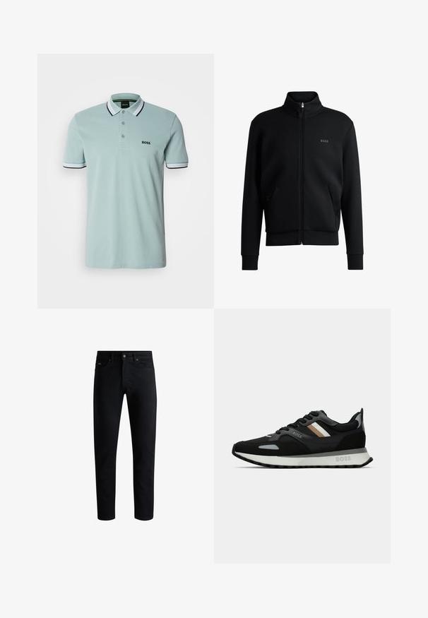 Svart zip-up sweatshirt med hög krage, ribbade manschetter och sidofickor. Har en diskret "BOSS"-logotyp på vänster bröst. Slätt tyg.; Ljusgrön polo skjorta med en treknapps placket, svart- och vitrandig krage, samt logotyp på vänster bröst. Mjuk och andningsbar tyg.; Svarta slim-fit jeans med fem fickor, knäppning med knapp och bälteshällor, visade mot en vit bakgrund.; Svart löparsko med en texturerad yta, ljusgrå detaljer och tre horisontella ränder i brunt. Har en vit stoppad sula.