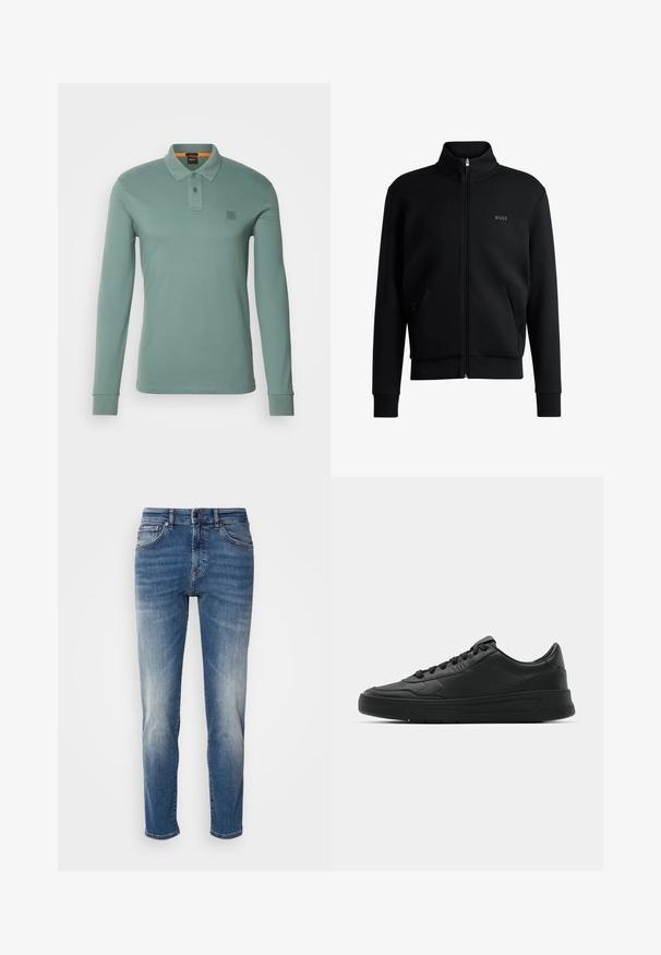 Must-haves mustaja tõmblukkidega kapuutsiga dressipluus, ribakäiste ja küljetaskutega. Vasakul rinnal on peen "BOSS" logo. Sile kangas.; BOSS PASSERBY - Polosärk - open green; Sinine denimist valmistatud teksapükse sirge sääre kujundusega, kerge kulumisefektiga, klassikalise viie-taskuga stiiliga ning lukuga, millel on nupp sulgemiseks.; Mustmustel musta nahast ülemise osaga, ümmarguse varbaga, lamest paeltega, pehmendatud kaeluse ja minimalistliku disainiga. Kummist tald, millel on peen tihenemine.