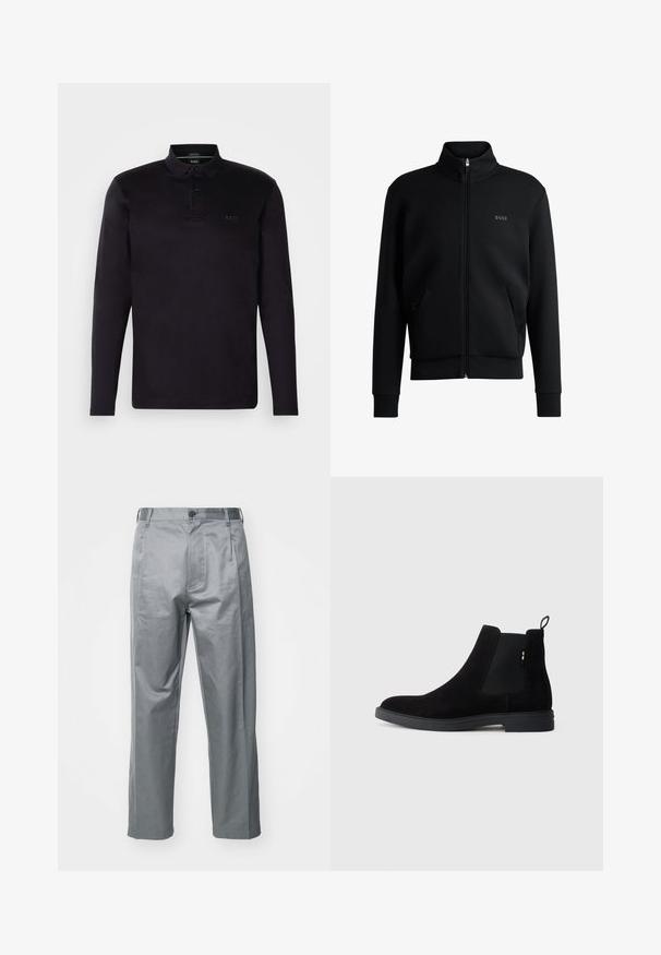 Black zip-up sweatshirt with high collar, ribbed cuffs, and side pockets. Features a subtle "BOSS" logo on the left chest. Smooth fabric.; Black long-sleeve polo shirt made of soft material, featuring a three-button placket, collar, and subtle "BOSS" logo in the front.; Gray cotton blend trousers with a straight-leg design, featuring a front button closure, belt loops, and side pockets.; Black suede Chelsea boots with elastic side panels, rounded toe, and a low rubber sole. Features a pull tab on the back for easy wear.