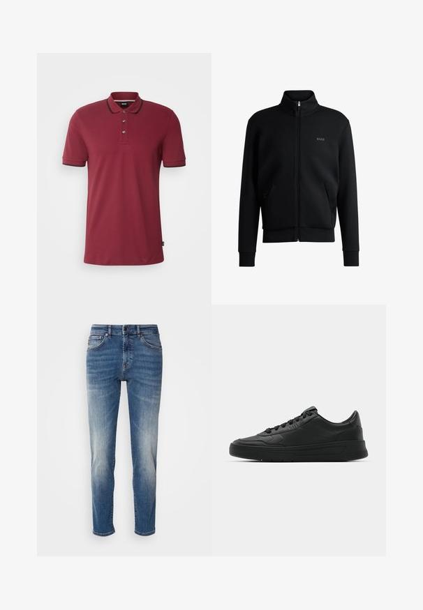 Svart zip-up sweatshirt med hög krage, ribbade manschetter och sidofickor. Har en diskret "BOSS"-logotyp på vänster bröst. Slätt tyg.; Bordeaux polo-t-shirt med slim fit, korta ärmar, treknappsknäppning och kontrasterande krage och ärmtrim. Diskret logotypaccent.; Blå denimjeans med rak ben design, ljus blekning, klassisk femfickdesign och dragkedja med knäppning.; Svart sneaker med slät läderöverkänsla, rund tå, platta snören, vadderad krage och minimalistisk design. Gummisula med subtilt mönster.