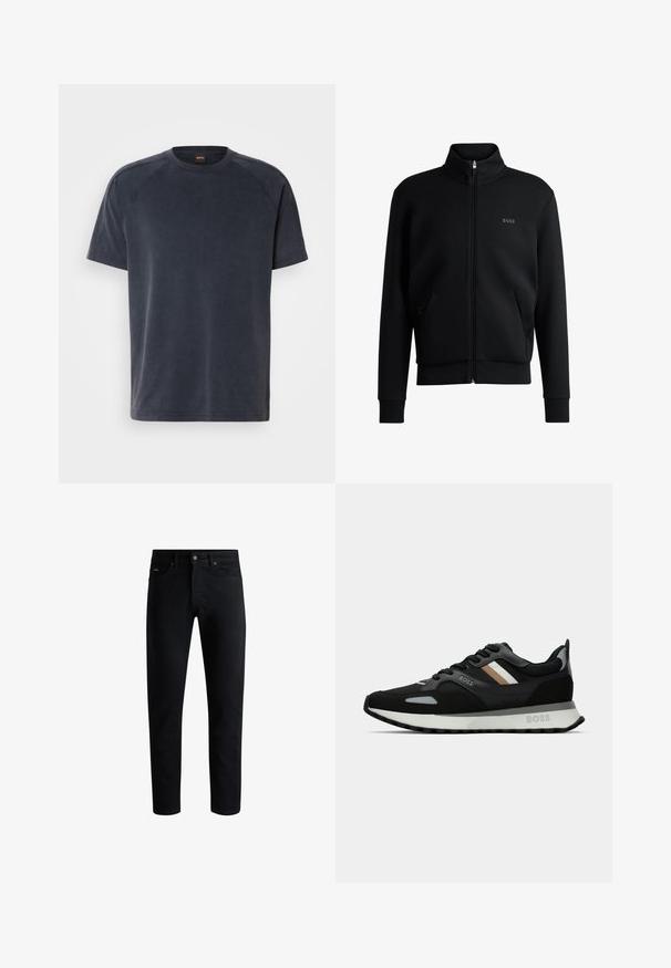 Musta vetoketjullinen huppari, jossa on korkea kaulus, ribattu hihansuu ja sivutaskut. Vasemmassa rinnassa on hillitty "BOSS"-logo. Vaatteen pinta on sileä.; Tummansininen puuvillapaita, jossa on lyhyet hihat, pyöreä pääntie ja hillitty kohokuvioitu logo vasemmassa rinnassa. Pehmeä tuntuma, rento malli.; Musta kapea slim-fit farkut viidellä taskulla, napitettava sulkeminen ja vyölenkit, esitelty valkoista taustaa vasten.; Musta juoksukenkä, jossa on tekstuuroitu pinta, vaaleanharmaita yksityiskohtia ja kolme vaaleanruskeaa vaakaraitaa. Kenkässä on valkoinen pehmustettu pohja.