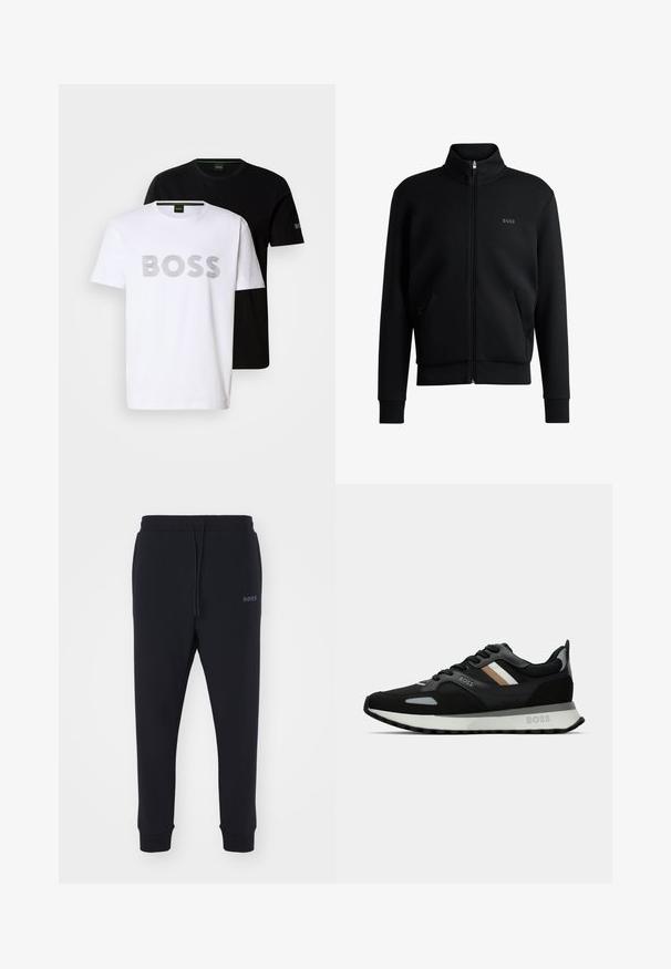 Must-haves mustaja tõmblukkidega kapuutsiga dressipluus, ribakäiste ja küljetaskutega. Vasakul rinnal on peen "BOSS" logo. Sile kangas.; Kaks ringikraega t-särki laotud; üks valge halliribaga "BOSS" prindiga, teine must väikese "BOSS" logoga varrukal.; Mustad mustad, pehmeast materjalist, elastse vöökohtadega, nööridega ja kitsenevate jalgadega. Küljel on väike logo.; Mustmustreen jooksujalats, millel on tekstuuriga pind, helesinised aktsendid ja kolm horisontaalset triipu pruunis. Omab valget pehmendatud tallat.