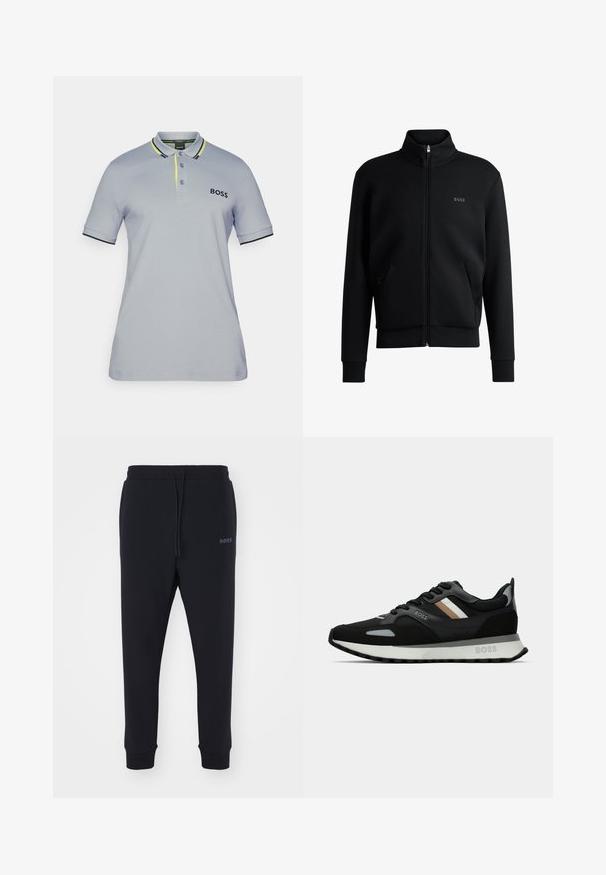 Felpa nera con zip, colletto alto, polsini a coste e tasche laterali. Presenta un discreto logo "BOSS" sul petto sinistro. Tessuto morbido.; Polo grigio chiaro con accenti neri e giallo brillante. Presenta un colletto, una pattina con tre bottoni e un logo ricamato sul petto.; Pantaloni della tuta neri realizzati in materiale morbido, con vita elastica, coulisse e gambe affusolate. Presenta un piccolo logo sul lato.; Scarpa da corsa nera con superficie testurizzata, dettagli grigio chiaro e tre strisce orizzontali marroni. Presenta una suola bianca imbottita.