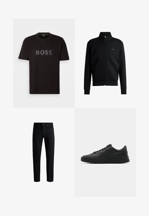 Sort zip-up sweatshirt med høj krave, ribbede manchetter og sidelommer. Har et subtilt "BOSS" logo på venstre bryst. Glat stof.; Sort bomulds T-shirt med rund halsudskæring og korte ærmer. Har en tekstureret "BOSS" logo i grå på tværs af brystet. Klassisk pasform.; Sorte slim-fit jeans med fem lommer, knaplukning og bæltestropper, præsenteret mod en hvid baggrund.; Sort sneakers med glat læderoverdel, rund tå, flade snørebånd, polstret krave og minimalistisk design. Gummisål med subtilt mønster.