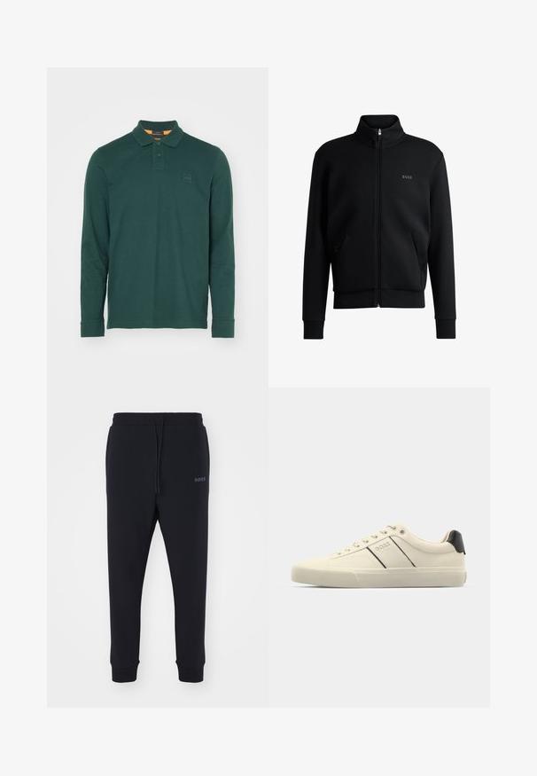 Sweatshirt preto com fecho e colar alto, punhos canelados e bolsos laterais. Apresenta um discreto logótipo "BOSS" no lado esquerdo do peito. Tecido suave.; Polo de mangas longas em algodão de cor verde escura, com um colarinho clássico, placket de dois botões e um patch retangular com o logótipo no peito.; Calças de fato pretas feitas de material macio, com uma cintura elástica, cordão e pernas ajustadas. Apresenta um pequeno logotipo de lado.; Sapatilhas de cor creme com uma textura suave, apresentando detalhes e marcação em preto. Design clássico com atacadores e bico redondo, e sola de borracha.