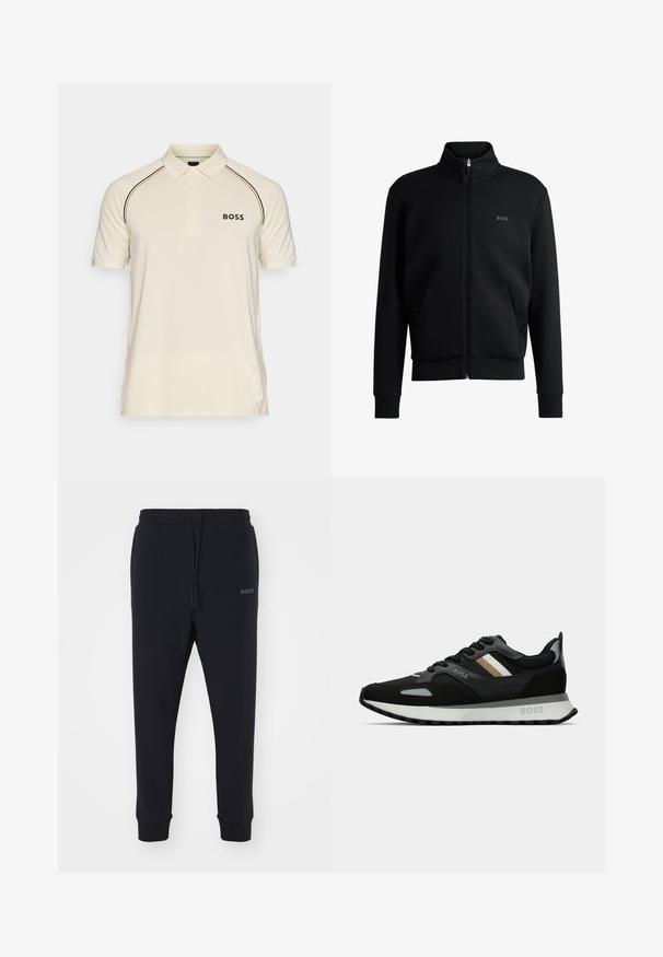 Černá mikina na zip s vysokým límcem, žebrovanými manžetami a bočními kapsami. Na levé straně hrudi je diskrétní logo "BOSS". Hladká tkanina.; Krémová polo tričko s límcem, dvěma knoflíky a krátkými rukávy. Obsahuje černé a oranžové akcenty a logo "BOSS".; Černé tepláky vyrobené z měkkého materiálu s elastickým pasem, šňůrkou na stažení a zúženými nohavicemi. Obsahují malé logo na boku.; Černá běžecká obuv s texturovaným povrchem, světle šedými akcenty a třemi vodorovnými pruhy v hnědé. Obsahuje bílou polstrovanou podešev.