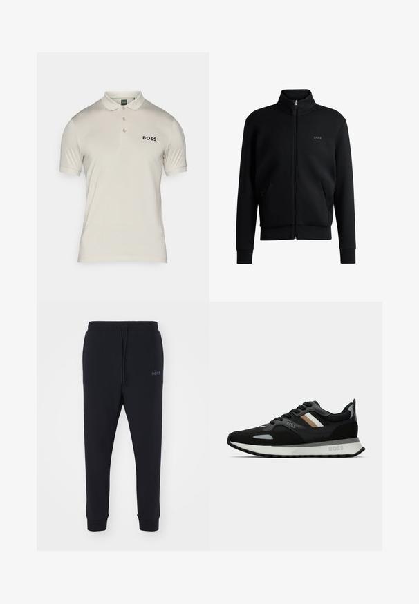 Must-haves mustaja tõmblukkidega kapuutsiga dressipluus, ribakäiste ja küljetaskutega. Vasakul rinnal on peen "BOSS" logo. Sile kangas.; Helebeeg polo-särk, mis on valmistatud siledast kangast, millel on krae, kolm nuppu ja vasakul rinnal diskreetne must logo.; Mustad mustad, pehmeast materjalist, elastse vöökohtadega, nööridega ja kitsenevate jalgadega. Küljel on väike logo.; Mustmustreen jooksujalats, millel on tekstuuriga pind, helesinised aktsendid ja kolm horisontaalset triipu pruunis. Omab valget pehmendatud tallat.