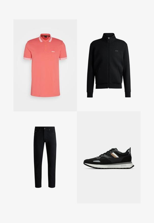 Černá mikina na zip s vysokým límcem, žebrovanými manžetami a bočními kapsami. Na levé straně hrudi je diskrétní logo "BOSS". Hladká tkanina.; BOSS PADDY - Polotričko - open red six; Černé slim-fit džíny s pěti kapsami, zapínáním na knoflík a poutek na opasek, vystavené na bílém pozadí.; Černá běžecká obuv s texturovaným povrchem, světle šedými akcenty a třemi vodorovnými pruhy v hnědé. Obsahuje bílou polstrovanou podešev.