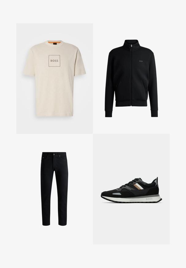 Black zip-up sweatshirt with high collar, ribbed cuffs, and side pockets. Features a subtle "BOSS" logo on the left chest. Smooth fabric.; Short-sleeve beige t-shirt made of cotton, featuring a stitched square design with the word "BOSS" in the center. Classic crew neck style.; Black denim jeans featuring a straight fit, five-pocket design, metal button closure, and subtle stitching along the seams.; Black running shoe with a textured surface, light gray accents, and three horizontal stripes in brown. Features a white cushioned sole.
